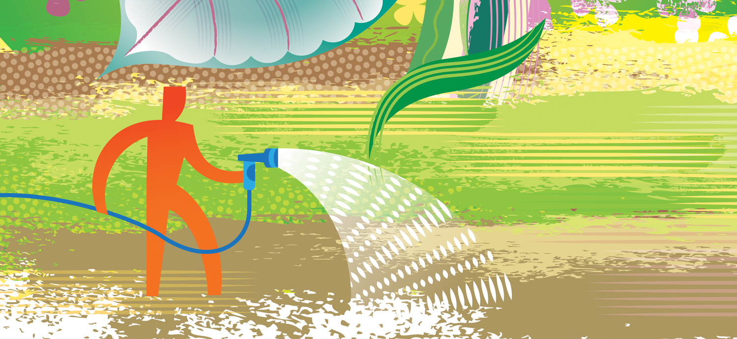 Illustration of man watering a lawn